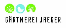 Logo der Gärtnerei Jaeger mit Symbolen einer Pflanze, eines Vogels und von Gräsern.