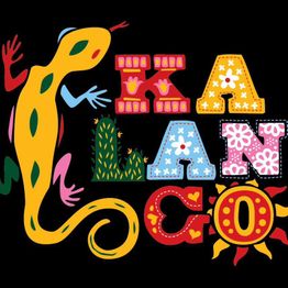 Ilustração colorida com lagarto amarelo e a palavra "KALANCO" decorada, em fundo preto.