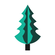 Icono de árbol de pino verde con un tronco negro sobre un fondo blanco.
