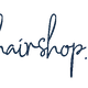 Handgeschreven logo: "dehairshop.nl" in blauwe letters op een witte achtergrond.