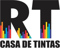 Logotipo RT Casa de Tintas com barras coloridas na base das letras.