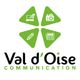 Logo "Val d'Oise Communication" avec icônes d'ordinateur, appareil photo, crayon et journal.