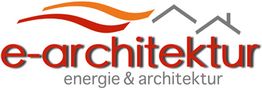 Logo von "e-architektur" mit roten Linien und grauen Hausdächern. Text: "energie & architektur".