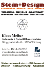 Geschäftskarte für "Stein+Design" mit Kontaktinfo von Klaus Melber, Steinmetz in Würzburg.