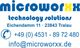 Logo von Microworx, mit Kontaktinformationen und Telefon in blau und gelb.