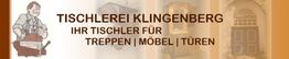 Werbung der Tischlerei Klingenberg: Treppen, Möbel, Türen. Zeichnung eines Tischlers.