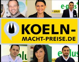Sechs Personen lächeln mit einem "Koeln-macht-preise.de" Logo in der Mitte.