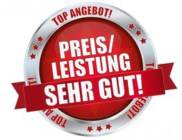 Rotes Siegel mit „PREIS/LEISTUNG SEHR GUT!“ und „TOP ANGEBOT!“ in einem silbernen Rahmen.