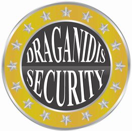 Goldenes und schwarzes Logo mit „Draganidis Security“, umgeben von silbernen Sternen.