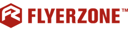 Logo met rood zeshoekig pictogram en tekst 'FLYERZONE'.