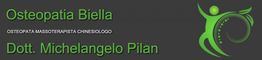 Logo di "Osteopatia Biella", Dott. Michelangelo Pilan, con figura stilizzata verde su sfondo grigio.