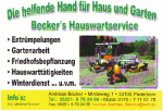 Werbung für Hauswartservice: Entrümpelungen, Gartenarbeit, Winterdienst. Bild mit Gartentraktor.