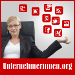 Geschäftsfrau im Anzug mit Sozialen Medien-Icons, Text: Unternehmerinnen.org