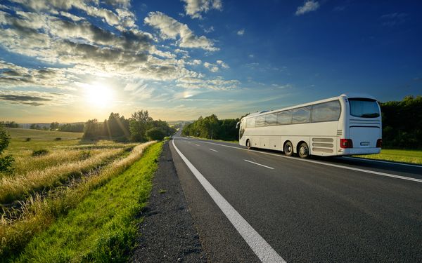 Reisebus fährt auf einer Straße neben einer Wiese, während die Sonne scheint