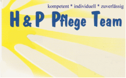 Gelbe Strahlen, blauer Text: "H & P Pflege Team. Kompetent, individuell, zuverlässig".