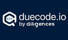 Logo of duecode.io by diligences with a hexagon containing code symbols on a dark blue background.