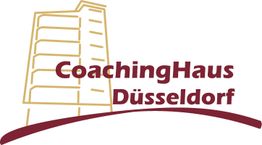 Logo mit stilisiertem Gebäude und Text "CoachingHaus Düsseldorf" in Rot und Gold.