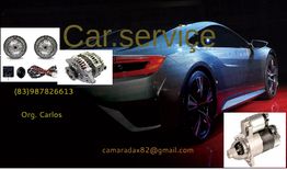 Carro cinza e peças de carro em destaque com texto de contato sobreposto na imagem.