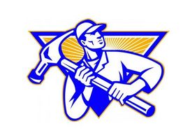 Illustration of a worker in blue and yellow, holding a large hammer, with a triangular backdrop.