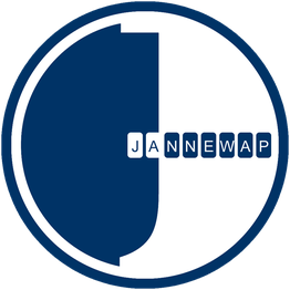 Ein blau-weißes Logo mit Großbuchstaben "JANNEWAP" in der Mitte eines stilisierten "J".