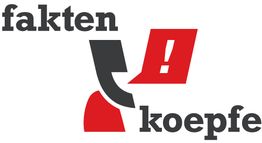 Logo mit Text "fakten koepfe" und grafischen Formen in Schwarz und Rot.