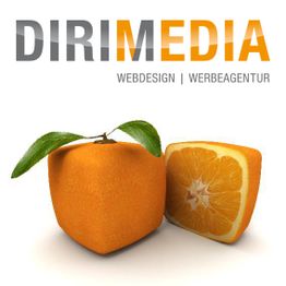 Quadratische Orange vor Logo "DIRIMEDIA", eine Werbe- und Webdesign-Agentur.