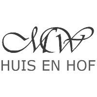 Logo met de tekst "Huis en Hof" met decoratieve letters erboven.