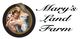 Madonna holding baby and lamb, beside "Mary's Land Farm" text in elegant script.