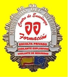 Escudo del Ministerio del Interior con texto sobre formación en seguridad y banderas de España y UE.