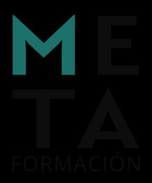 Texto "META FORMACIÓN" en fondo negro, con "ME" en verde y "TA" en gris.