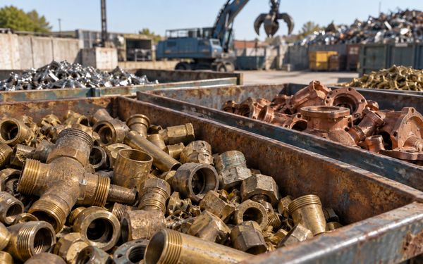 Sortierter Messingschrott mit gebrauchten Armaturen und Fittings in Metallcontainern auf einem Schrottplatz.