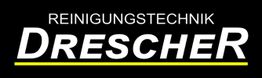 Schwarzes Logo mit weißem Text: "REINIGUNGSTECHNIK DRESCHER", darunter ein gelber Streifen.