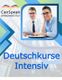 Zwei Personen lächeln im Büro, Text "Deutschkurse Intensiv", CanSpeak Sprachatelier-Logo.