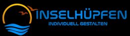 Logo mit Schriftzug "Inselhüpfen, individuell gestalten" und Sonnenuntergang über Wellen und Vögel.