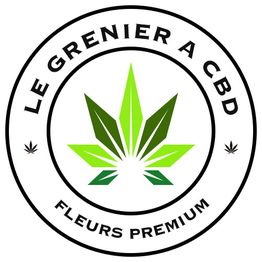Logo circulaire "Le Grenier à CBD", feuille verte au centre, mention "Fleurs Premium".