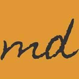 Cursive lowercase "md" on an orange background.