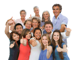 Gruppe von Menschen verschiedener Altersgruppen lächeln und zeigen Daumen nach oben.