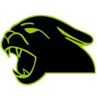 Schwarzer Pantherkopf mit grünem Umriss und geöffnetem Maul, zeigt Fangzähne.