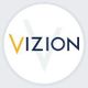 Logo with the word "VIZION" in blue and gold, styled with a subtle "V" in the background.