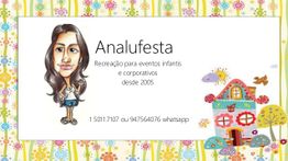 Caricatura de mulher ao lado de casa colorida com texto sobre recreação em eventos infantis.