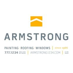 Armstrong logo with text: Painting, Roofing, Windows. Website and phone number included.
