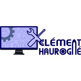 Ordinateur avec clé et engrenage, texte "Clément Haurogné" à droite.