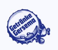 Flaschendeckel mit blauem "Getränke Gersema"-Schriftzug, daneben spritzende Tropfen.