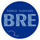 Logo circular azul con las palabras "belleza avanzada" y "BRE" en diseño ornamental.