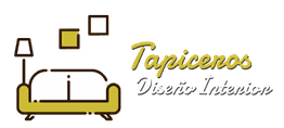 Sofá y lámpara con texto "Tapiceros Diseño Interior".