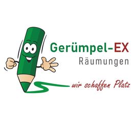 Grüner Bleistift mit Gesicht, "Gerümpel-EX Räumungen" und Slogan "wir schaffen Platz".