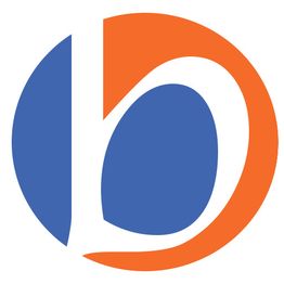 Logo circulaire avec une lettre stylisée en bleu et orange.