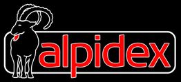 "Logo mit einem schwarzen Steinbock und rotem Schriftzug 'alpidex' auf schwarzem Hintergrund."
