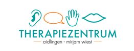 Ohr, Sprechblase, Hand und Mund über "Therapiezentrum Aidlingen - Mirjam Wiest" Logo.