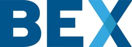 Logo mit dem blauen Schriftzug "BEX", wobei das "X" aus sich kreuzenden Balken besteht.